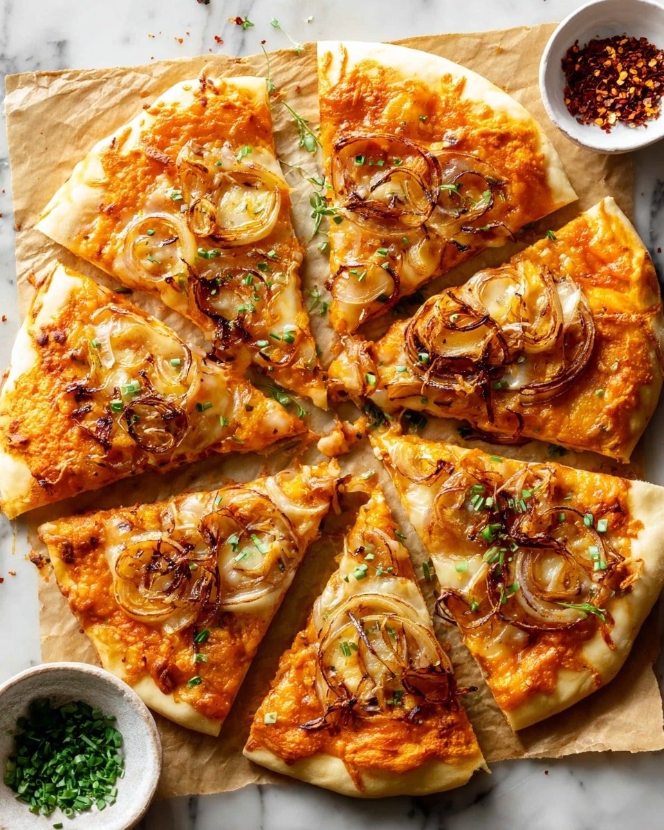 A round pizza cut into seven slices, placed on parchment paper over a white marbled surface. The pizza has a golden-brown crust that is thick and soft at the edges. The first layer is a bright orange sauce spread unevenly, topped by a melted light yellow cheese layer that looks gooey and bubbly. On top, there are thin, caramelized onion slices that are golden to dark brown with a slight crisp. Small green herb bits are scattered lightly across the pizza, adding a fresh touch. Nearby, there are small white bowls with red chili flakes and chopped green herbs. Photo taken with an iphone --ar 4:5 --v 7