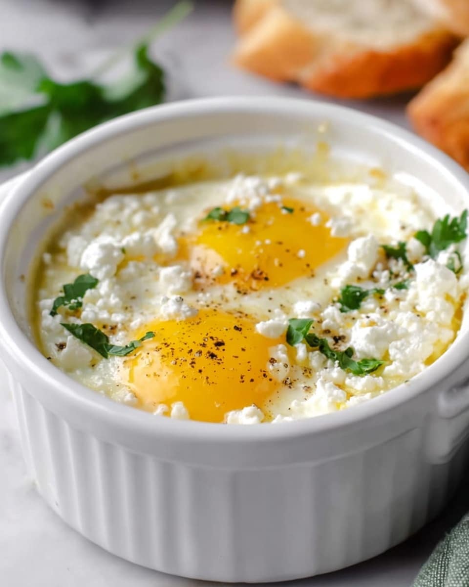 A white ceramic ramekin filled with a baked egg dish showing two bright yellow egg yolks surrounded by soft white cooked egg whites. The top layer is sprinkled with white crumbly cheese and small green parsley pieces, with a light sprinkle of black pepper. The ramekin sits on a white marbled surface with parts of bread and green cloth blurred in the background. Photo taken with an iphone --ar 4:5 --v 7