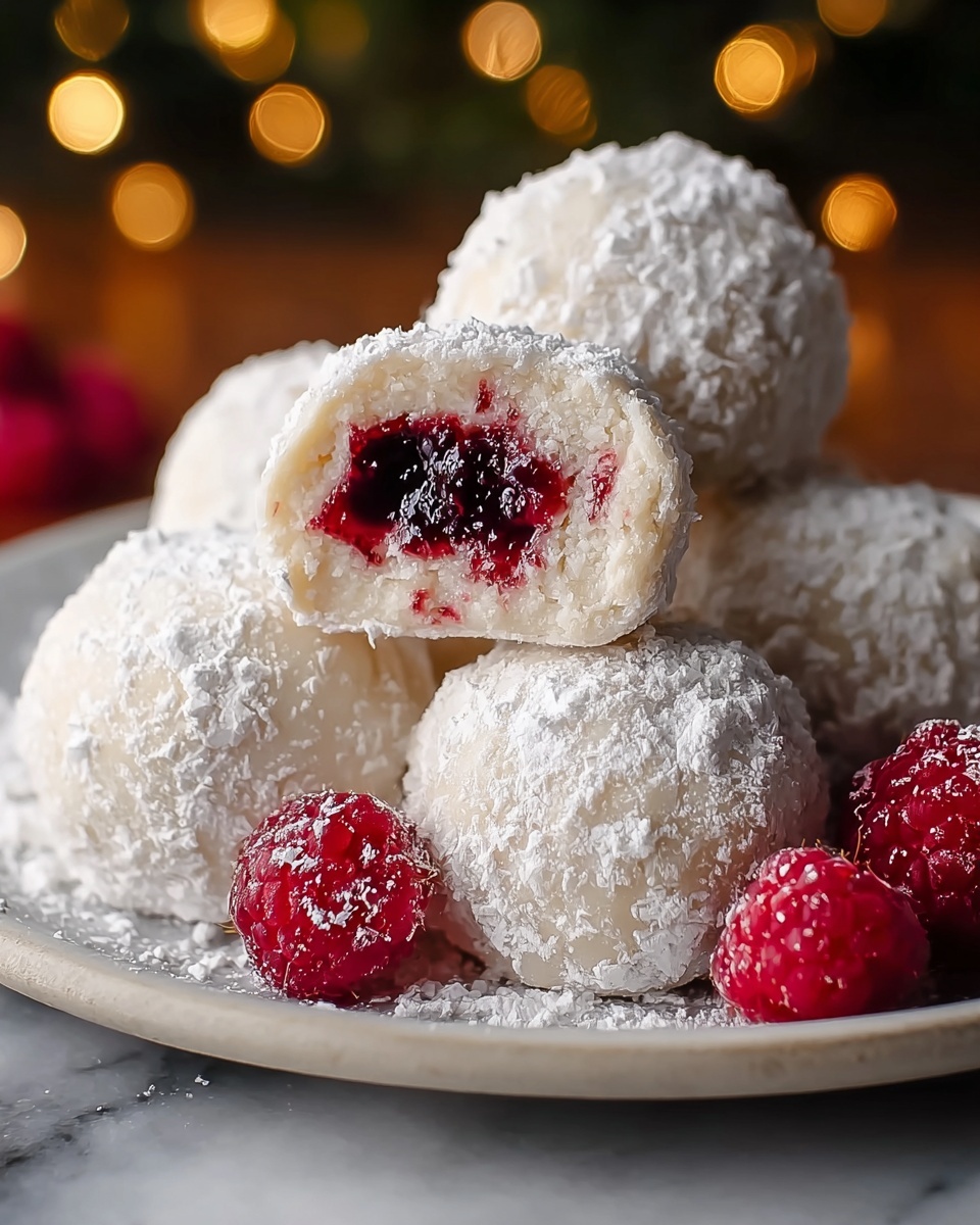 The image shows several round, white powdered balls stacked on a white plate, with one ball cut in half to reveal a glossy, deep red filling inside. The outer layer is rough and covered with a thick, snowy white powder that has a slightly grainy texture. The inner part of the ball is slightly off-white and soft-looking, providing a contrast to the shiny, smooth red filling at the center. Nearby, fresh red raspberries add a pop of color, and the plate sits on a white marbled surface with a blurred background of warm, soft lights. photo taken with an iphone --ar 4:5 --v 7