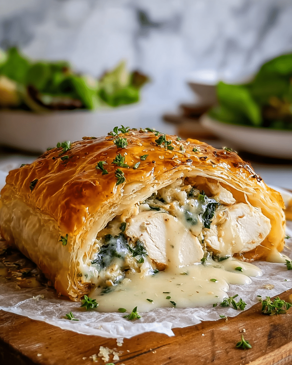 A golden-brown puff pastry with a shiny, crisp top sprinkled with small green herbs sits on a piece of parchment paper on a wooden surface. Inside, there is a thick layer of white cooked chicken breast surrounded by creamy sauce with bits of melted cheese and green spinach. The sauce is oozing out slightly onto the parchment, garnished with small herb leaves. In the background, a bowl of fresh green salad is blurred out, and the whole scene is set against a white marbled texture. photo taken with an iphone --ar 4:5 --v 7