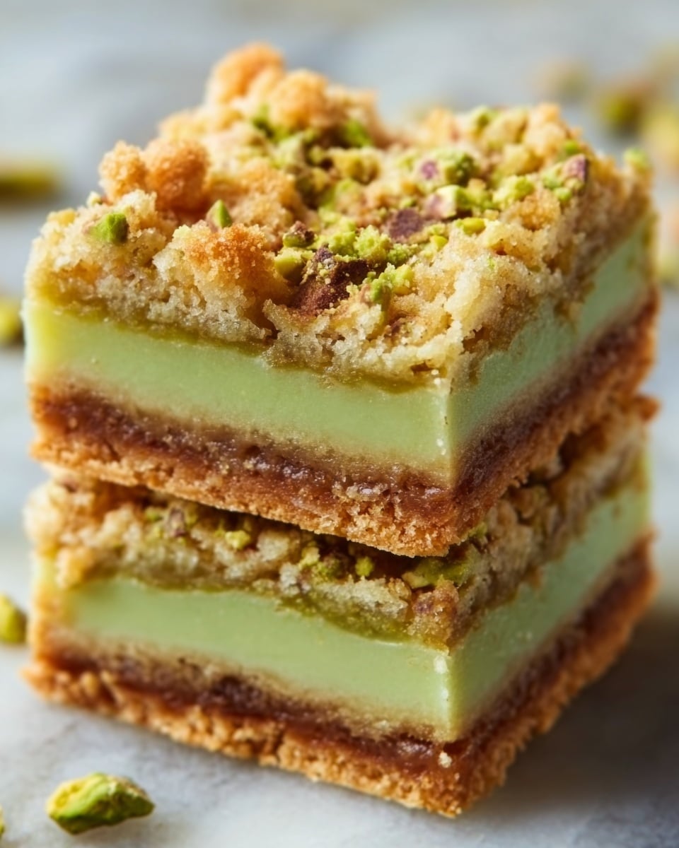 The image shows two square dessert bars stacked on top of each other on a white marbled surface. Each bar has three distinct layers: the bottom layer is a golden-brown, crumbly crust; the middle layer is a smooth, light green filling; and the top layer is a crumbly, golden-brown streusel with small pieces of pistachio nuts, giving a slightly rough texture. The pistachios add a subtle green and light brown contrast on the top surface. Photo taken with an iphone --ar 4:5 --v 7