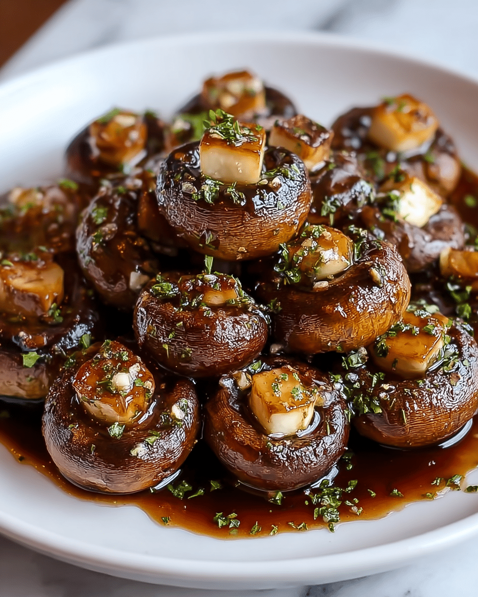 The image shows a white plate filled with cooked mushrooms arranged in a rough pile. Each mushroom is a rich dark brown with a slightly shiny texture from a glossy sauce coating. On top of each mushroom cap sits a small golden cube, possibly browned garlic or butter. The sauce is thick and dark, pooling slightly at the bottom of the plate. Small green herb pieces are sprinkled over the mushrooms, adding color contrast. The dish looks moist and richly flavored. The background is a white marbled texture. Photo taken with an iphone --ar 4:5 --v 7