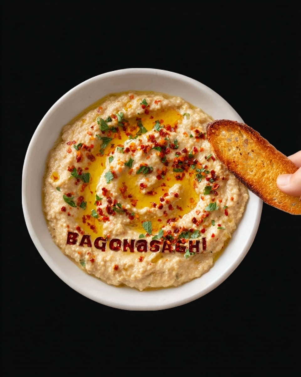 A close-up view of a white bowl filled with creamy, light beige baba ganoush, showing a smooth and slightly chunky texture with small bits of eggplant. The baba ganoush is topped with a drizzle of golden olive oil, scattered bright green parsley leaves, and a sprinkle of small black sesame seeds adding contrast. Around the bowl on a white marbled surface, there are pieces of toasted light brown pita bread, slightly crispy with some char marks, and a woman's hand holding a pita piece dipping into the spread. Photo taken with an iphone --ar 4:5 --v 7