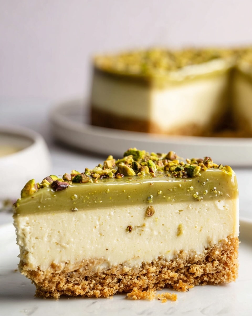 The image shows a close-up side view of a cheesecake slice held above the rest of the cake on a white marbled surface. The cheesecake has three distinct layers: the bottom crust is a golden-brown crumbly layer with a rough texture, the thick middle layer is creamy and light yellow with a smooth texture, and the top layer is a glossy greenish glaze with small bits of pistachio nuts scattered inside it. The slice is being lifted on a metal spatula, and the whole cake is partially visible below, sitting on the same white marbled surface with some crumbs around it. Photo taken with an iphone --ar 4:5 --v 7