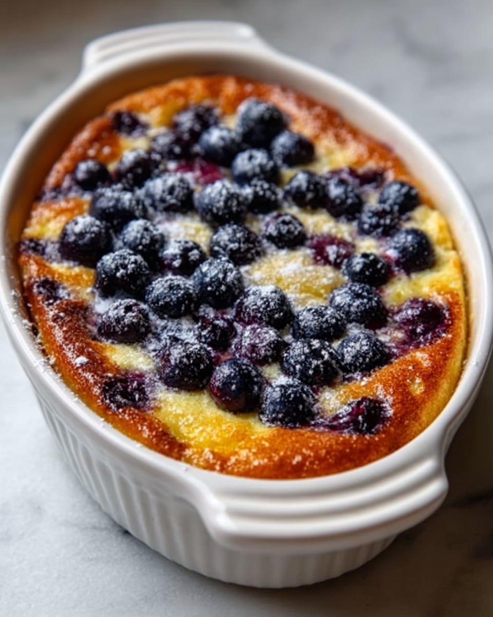The image shows a white ceramic baking dish filled with a baked dessert. The dessert has a golden brown top with a slightly glossy texture and scattered dark purple blueberries baked into it. The blueberries are spread evenly across the surface and some have burst, mixing their color with the creamy yellow base underneath. A soft dusting of powdered sugar covers some parts of the top, adding a light, powdery texture. The dish is placed on a white marbled surface. Photo taken with an iphone --ar 4:5 --v 7