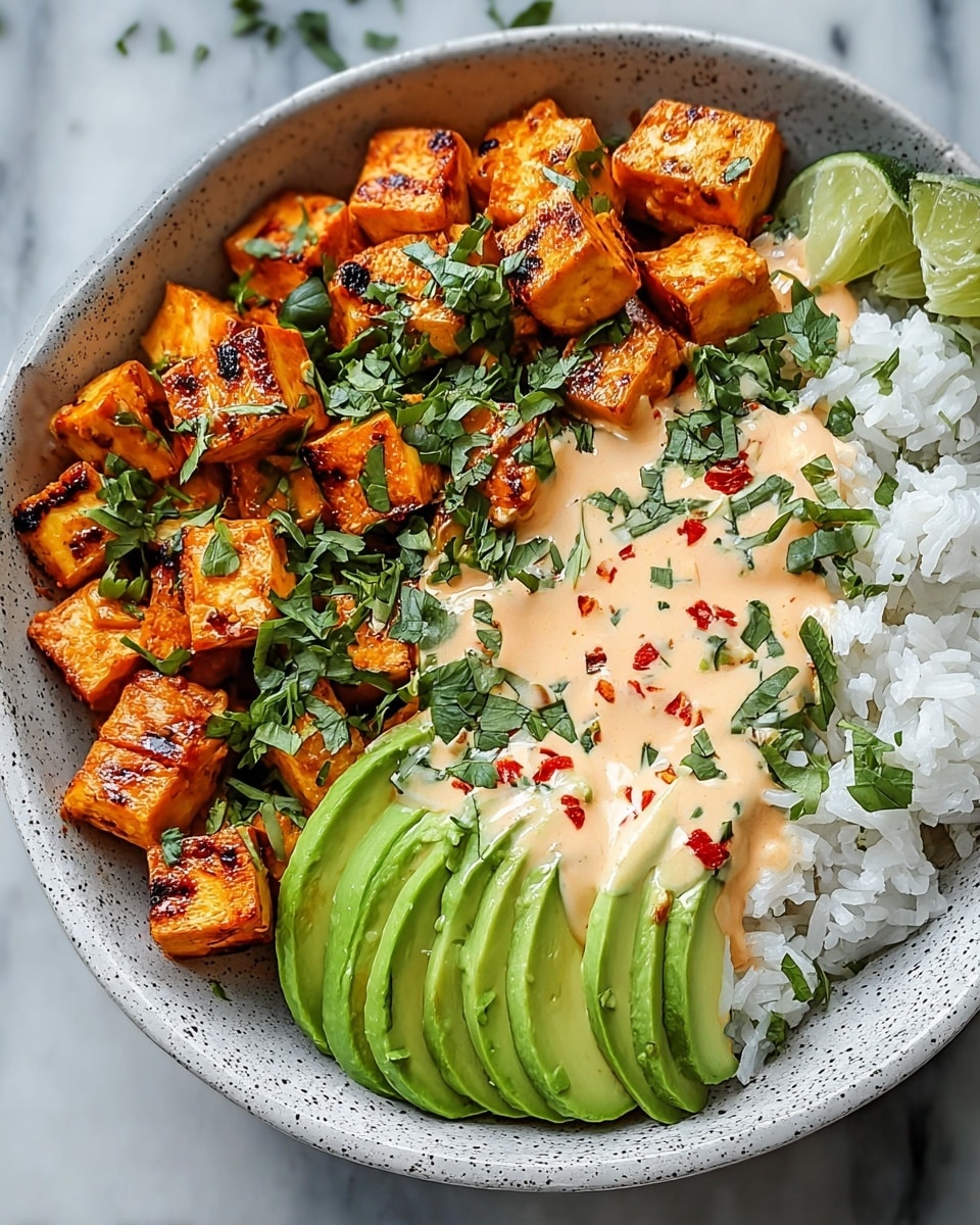 This dish is served in a white speckled bowl, placed on a white marbled surface. The bottom layer is fluffy white rice, taking up about a third of the bowl. On the right side, there are chunks of grilled chicken, orange in color with some dark char marks, garnished with small green cilantro leaves. In the middle, there is a creamy sauce with a light orange tint dotted with red chili flakes and chopped herbs. On the left, several slices of ripe avocado are fanned out neatly, with a bright green color and smooth texture, also topped with some cilantro leaves. Photo taken with an iphone --ar 4:5 --v 7