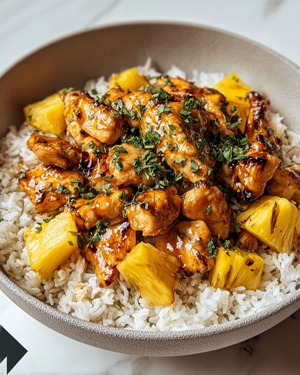 A bowl with a white marbled texture holds three main layers: the base is white steamed rice with visible grains, the middle layer is golden-brown grilled chicken pieces with a shiny glaze and some charred spots, and the top layer is bright yellow pineapple chunks scattered among the chicken. Small green herb pieces are sprinkled on top, adding color contrast. The bowl is white, and the image is close up, showing texture and gloss on the food. photo taken with an iphone --ar 4:5 --v 7