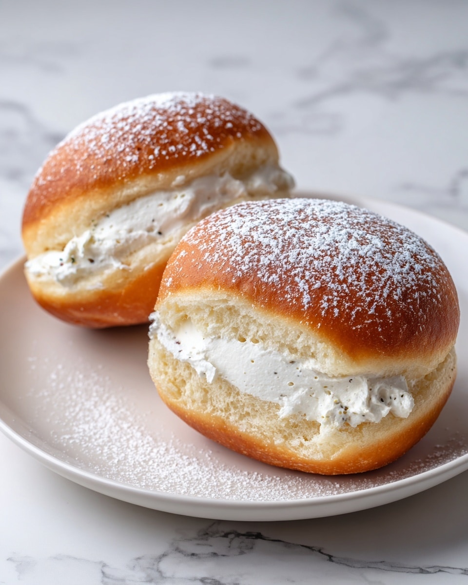Two round doughnuts are cut in half and placed on a white, slightly textured rectangular plate with a white marbled background. Each doughnut has a smooth, golden-brown exterior and is dusted with powdered sugar on top. Inside, there is a thick, fluffy white cream filling that looks soft and smooth. The doughnuts sit close to each other with the cut sides facing forward, showing the cream layer clearly inside. Photo taken with an iphone --ar 4:5 --v 7