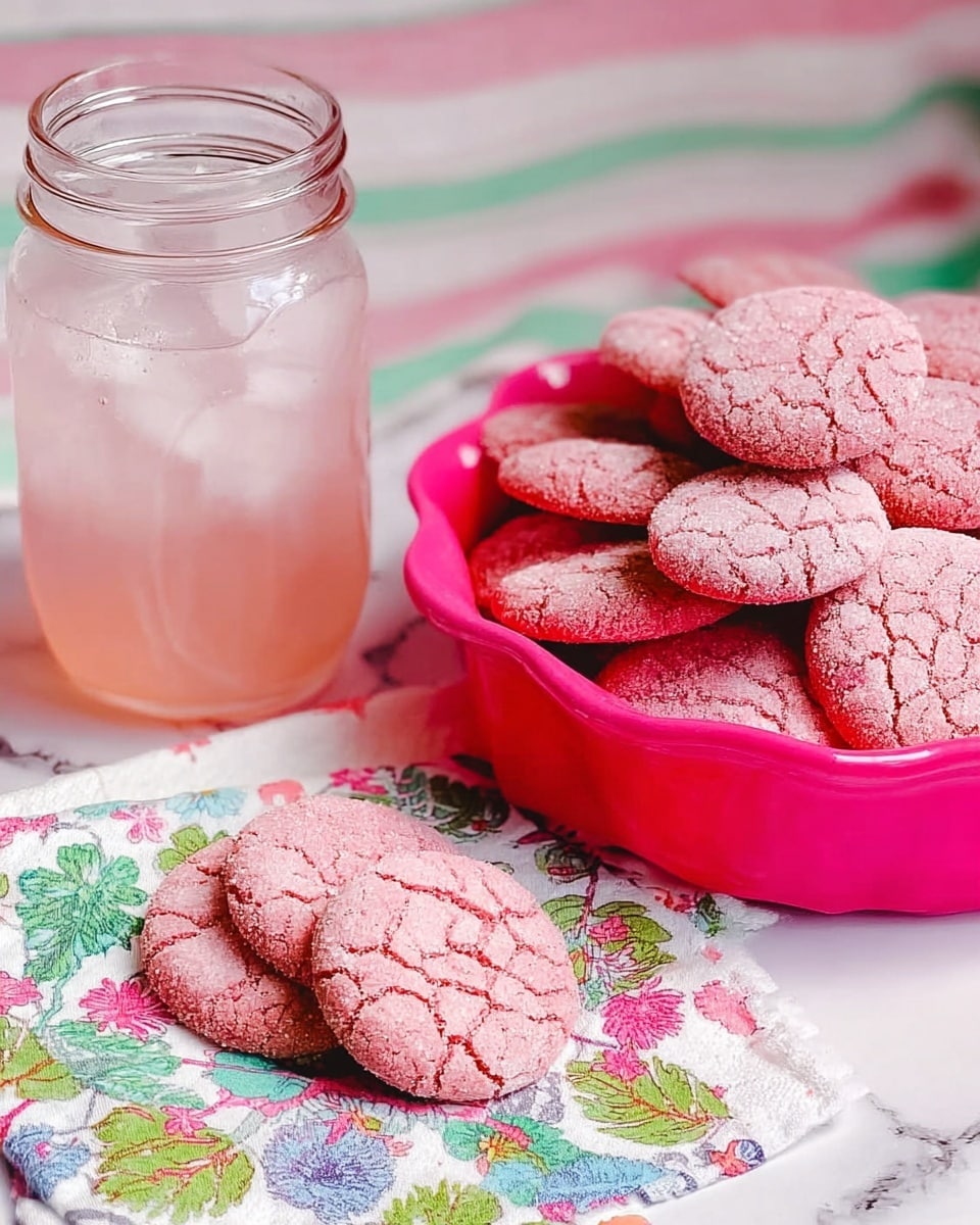 A white round tray filled with two layers of pink sugar cookies, each cookie is round with a lightly cracked surface and a soft, granulated texture, all neatly stacked one on top of the other. In front of the tray, two of these pink cookies are placed on a white napkin, resting on a colorful floral patterned cloth beneath it. To the left of the tray, there is a clear glass jar filled with pink lemonade and ice cubes, placed on top of a white marbled texture surface covered partially by a striped cloth in pink, white, and green colors. photo taken with an iphone --ar 4:5 --v 7