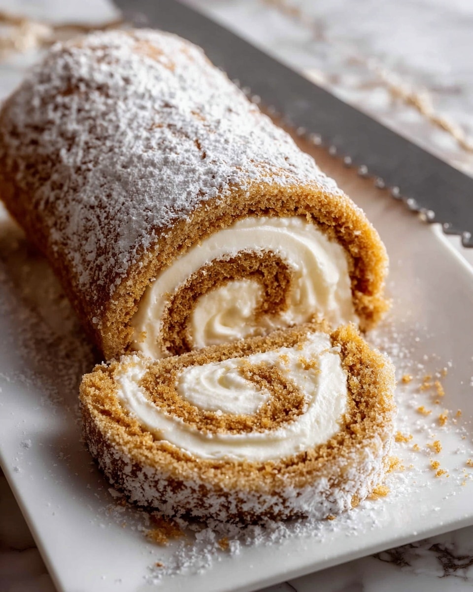 A rolled cake with three visible layers is shown on a white plate placed on a white marbled surface covered partially with a light beige cloth. The outer layer is a light brown sponge cake dusted with white powdered sugar, wrapping tightly around a thick inner cream filling layer that is soft, smooth, and pale cream in color. The spiral inside reveals alternating rings of the brown cake and the creamy white filling, with the cake looking moist and slightly textured, and the cream appearing fluffy and rich. The edges of the slice show some powdered sugar scattered on the plate as well. A serrated knife lies next to the rolled cake, touching the plate. photo taken with an iphone --ar 4:5 --v 7