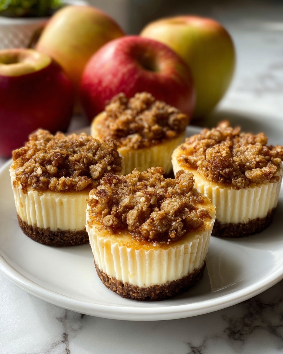 The image shows four mini cheesecakes on a white plate with a white marbled surface underneath. Each cheesecake has three layers: a dark brown crumbly crust at the bottom, a thick creamy pale yellow middle layer, and a topping of golden-brown oat crumble with a rough, crumbly texture. The cheesecakes have fluted edges showing the crust and cream clearly. In the blurred background, there are three apples in red and yellow shades. The photo taken with an iphone --ar 4:5 --v 7