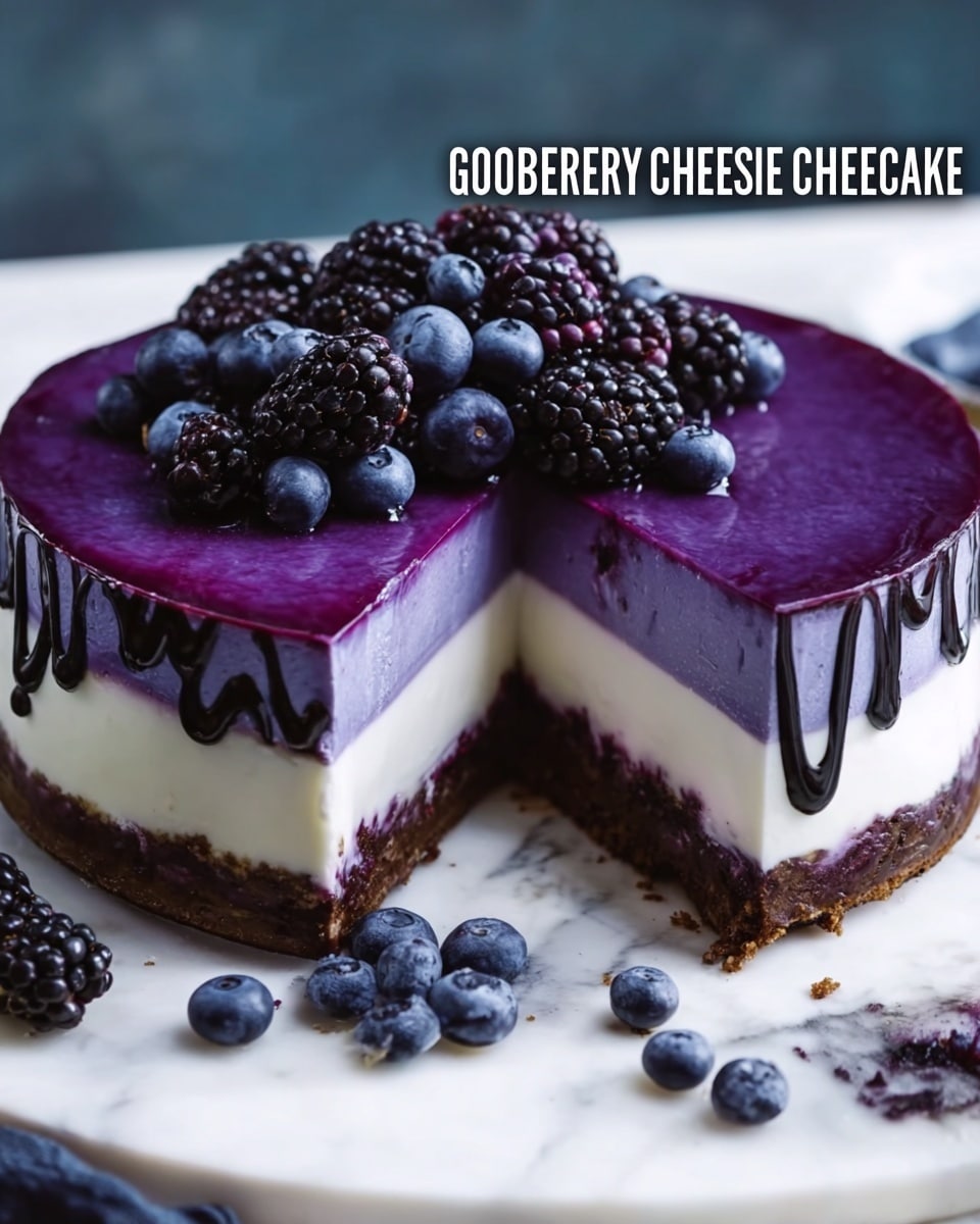 A round cheesecake with three layers is shown on a white marbled surface. The bottom layer is a dark chocolatey crust with a rough texture. Above that, there is a thick creamy white cheesecake layer with small dark chocolate bits running through it. On top, there is a shiny, smooth purple blueberry glaze with a darker purple swirl design. The cheesecake has one slice cut out, showing the inside layers clearly. The top layer is decorated with a small bunch of blackberries and scattered fresh blueberries around the base. The cheesecake is placed on a dark plate with a subtle pattern, and some blueberries are placed on the white marbled surface around the plate. photo taken with an iphone --ar 4:5 --v 7