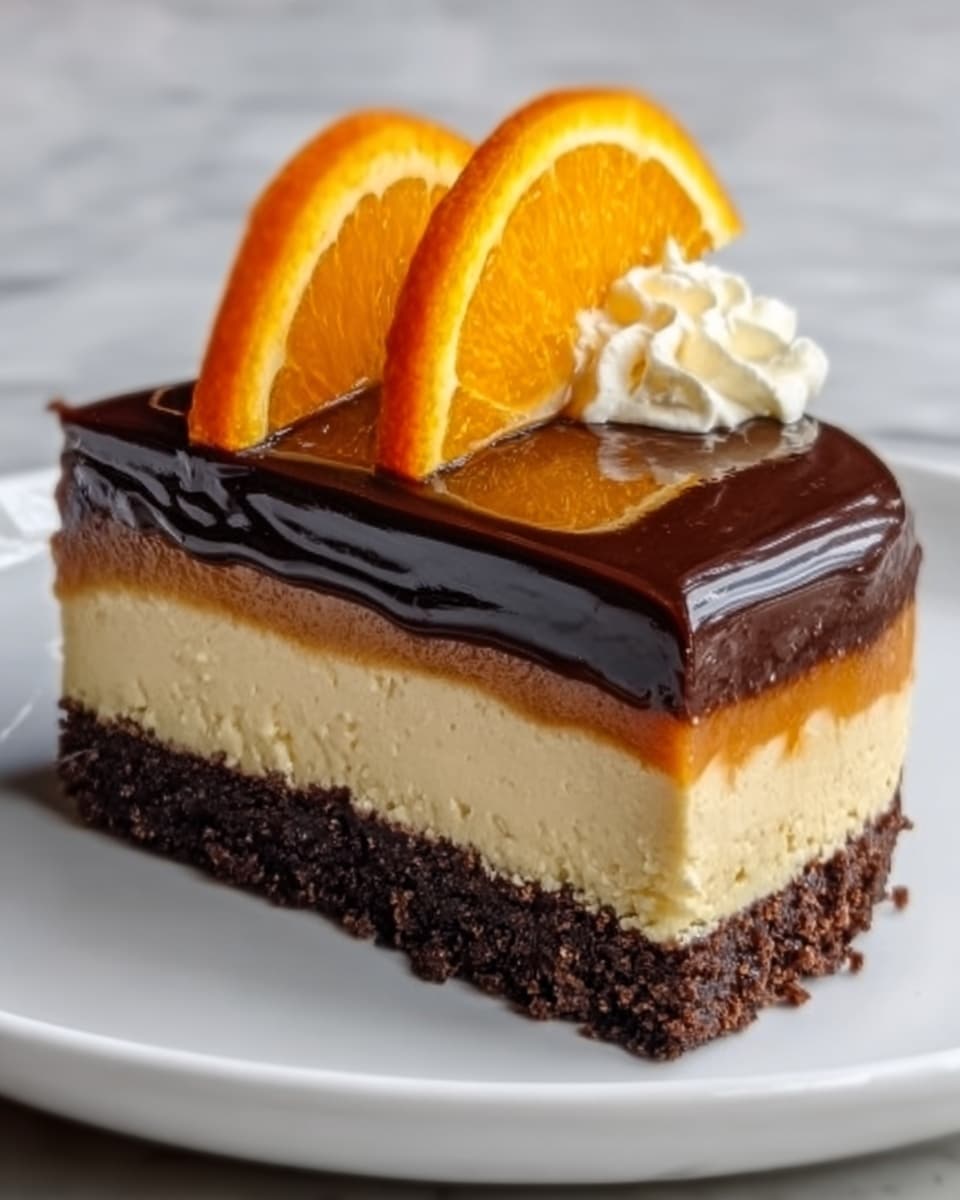 A slice of three-layered dessert sits on a white plate, each layer clearly visible. The bottom layer is dark brown and crumbly, looking like a chocolate crust. Above it, a thick middle layer is creamy beige with a smooth texture. The top layer is shiny and rich dark chocolate, slightly dripping down the sides. Two bright orange slices and a small dollop of whipped cream or mousse decorate the top right edge. The plate is placed on a white marbled surface. photo taken with an iphone --ar 4:5 --v 7