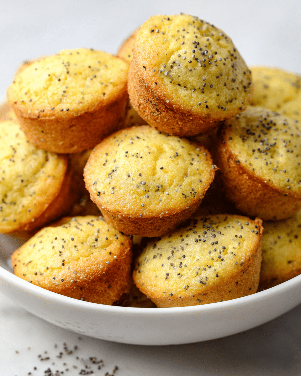 A white bowl filled with many small, round mini muffins that have a light golden yellow color with darker golden brown edges. Each muffin has tiny black poppy seeds scattered evenly throughout the soft and slightly crumbly texture. The muffins are stacked on top of each other in the bowl, creating a layered pile. The background is a clean white marbled surface with a few loose poppy seeds scattered near the bowl. photo taken with an iphone --ar 4:5 --v 7