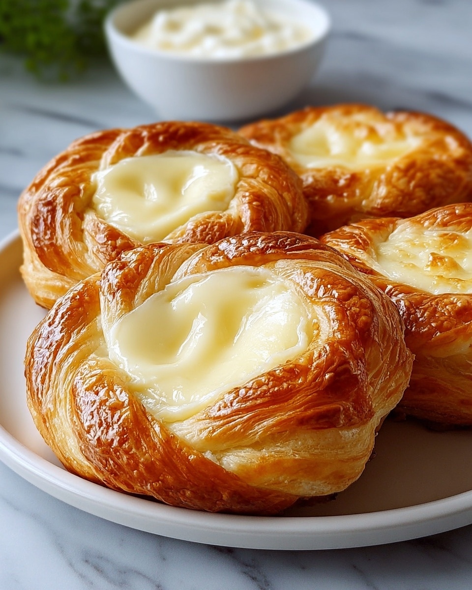 The image shows four cream cheese Danish pastries placed closely on a round white plate. Each Danish has multiple layers of golden-brown flaky pastry that curl around a smooth, creamy white cheese filling in the center. The pastry layers have a slightly shiny, crispy texture with visible folds and air pockets. The filling looks soft and glossy, sitting slightly sunken within the middle of each pastry. The plate sits on a white marbled surface, giving the scene a clean and bright look. In the background, there is a blurred white bowl, adding a soft contrast to the warm tones of the pastries. photo taken with an iphone --ar 4:5 --v 7