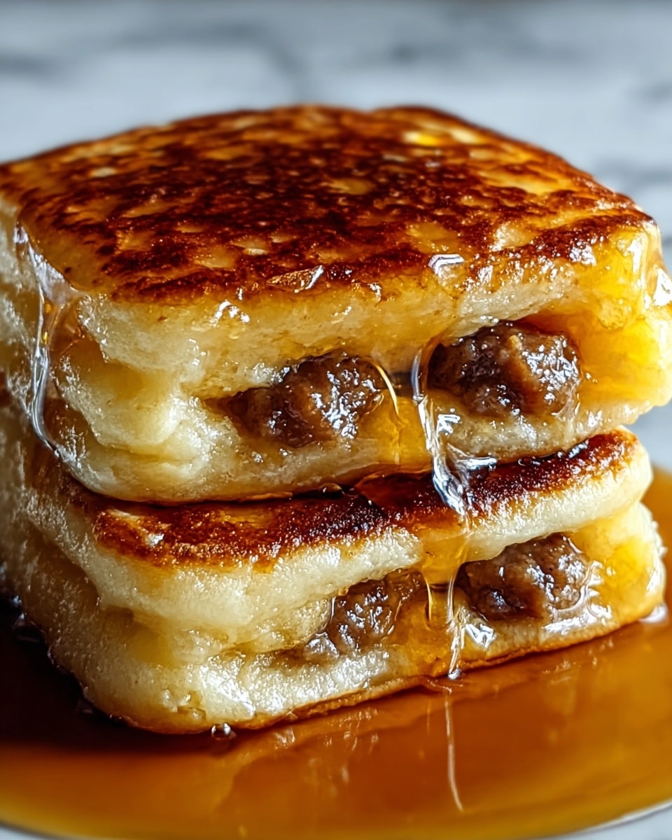 A close-up view of a stack of two golden-brown pancakes with visible crispy edges, each pancake layer containing crumbled sausage pieces inside, creating a textured and hearty filling. Thick, shiny maple syrup is drizzled generously over the top pancake and runs down the sides, pooling around the base on a white plate, set against a white marbled surface. The syrup’s glossy amber color contrasts with the warm tones of the pancakes and the darker brown sausage bits inside, showing a rich, oily texture. Photo taken with an iphone --ar 4:5 --v 7