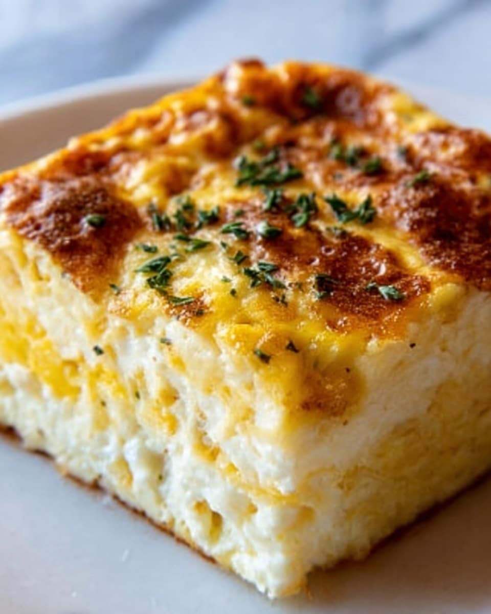 The image shows a square piece of baked egg dish with a golden brown top layer that looks slightly crispy and bubbly. The dish has about three layers: the top is a browned, slightly rough layer with small green herb bits sprinkled on it; the middle layer is fluffy and creamy with a soft yellow color and some white spots; the bottom layer looks firm and solid, also pale yellow. The edges are clean and straight, sitting on a white plate against a white marbled background. The lighting highlights the texture and layers of the dish clearly. Photo taken with an iphone --ar 4:5 --v 7
