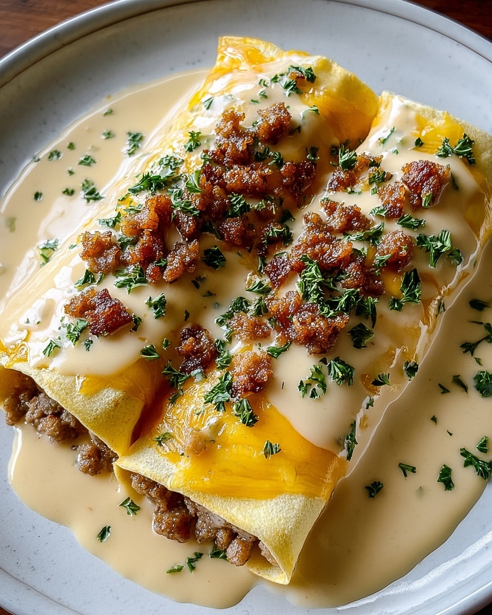 Two folded yellow cheese-covered crepes lie side by side on a white plate with ridged edges. The crepes are filled with a textured brown meat layer visible at the edges. A creamy beige sauce generously covers the crepes, pooling slightly at the plate's base. On top, small crispy dark brown crumbs and finely chopped fresh green herbs are sprinkled evenly, adding contrast and texture. The scene is set on a white marbled surface with a colorful cloth softly blurred in the background. Photo taken with an iphone --ar 4:5 --v 7