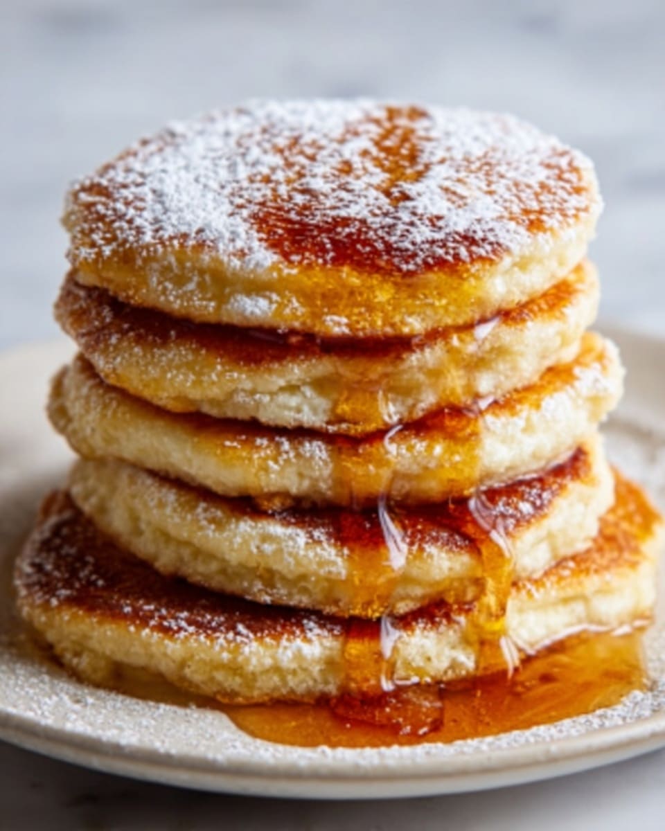 A stack of five thick, golden-brown pancakes sits centered on a white plate. Each pancake is fluffy with a slightly crispy edge, showing small air bubbles in the texture. The pancakes are covered with a light dusting of white powdered sugar. Rich amber syrup drips down the sides, pooling at the base of the plate and glistening under soft light. The background is a white marbled surface, adding a clean and simple look to the scene. photo taken with an iphone --ar 4:5 --v 7