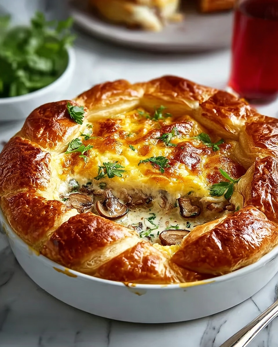 The dish is a baked pie in a white round casserole dish with handles. The top layer is golden brown and puffy, made of flaky pastry with some darker browned spots, showing a shiny texture. Inside the dish, there are two visible layers: the top layer beneath the crust is melted cheese with light golden patches, and the bottom layer is a creamy mixture with small pieces of dark mushrooms. Fresh green parsley leaves are placed in the center as garnish, adding a contrast to the warm colors of the pie. The pie sits on a white marbled surface with a white cloth nearby. photo taken with an iphone --ar 4:5 --v 7