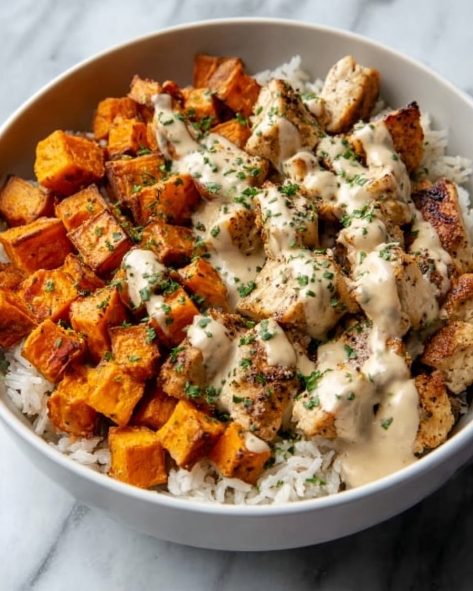 A white bowl filled with three main layers: at the bottom is a bed of cooked white rice, on one side there are bright orange roasted sweet potato cubes, and on the other side are browned chicken pieces, all topped with a creamy white sauce and sprinkled with finely chopped green herbs. The bowl is set on a white marbled surface. Photo taken with an iphone --ar 4:5 --v 7