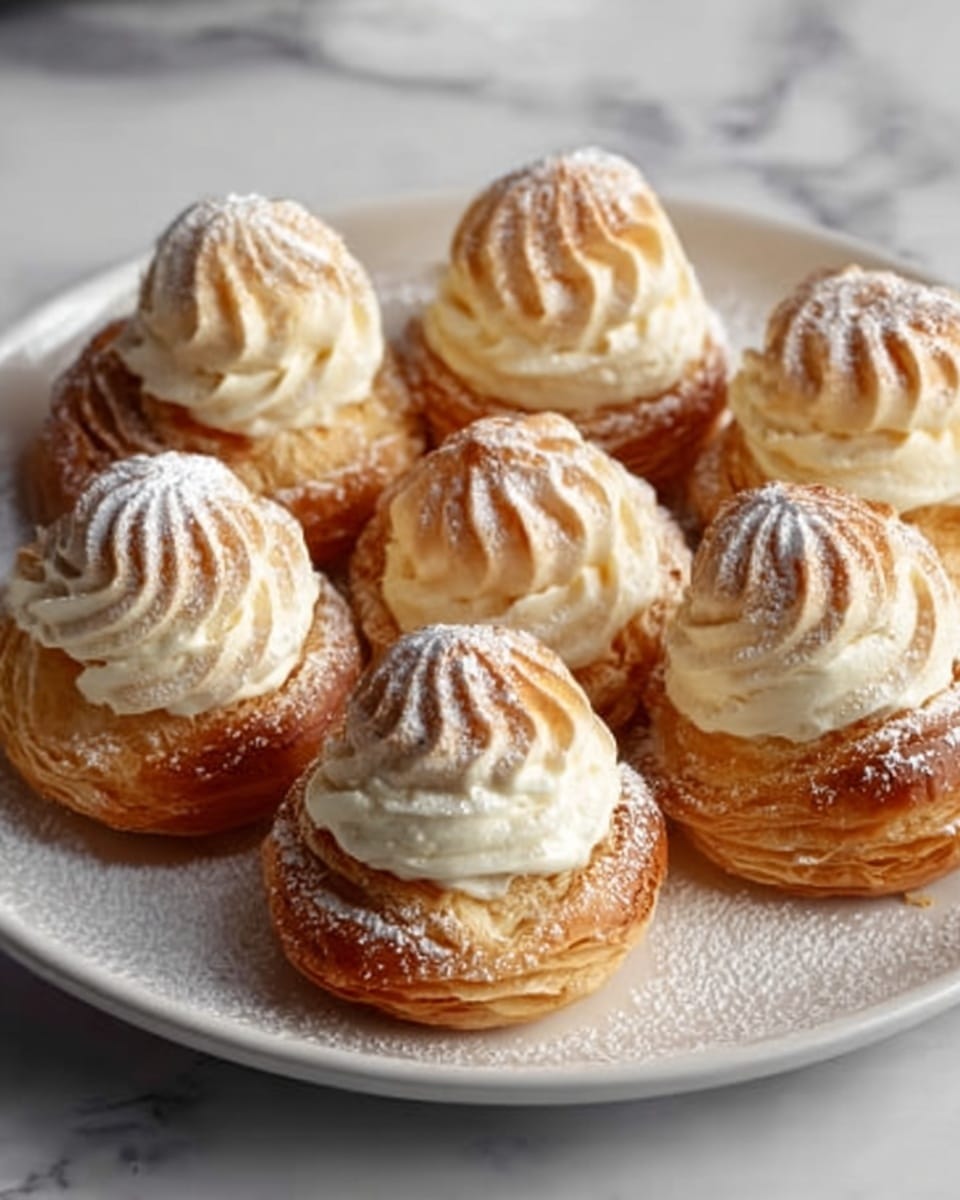 The image shows seven small pastries arranged on a white plate with a slightly raised edge. Each pastry has two layers: a golden-brown base made of flaky dough shaped in a round, swirling pattern, and a thick topping of light, creamy, whipped frosting piped in a circular swirl on top. The frosting is a pale cream color with a delicate dusting of white powdered sugar that adds a soft texture. The plate sits on a white marbled surface. Photo taken with an iphone --ar 4:5 --v 7