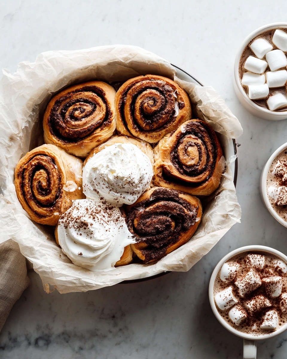 A white bowl lined with brown parchment paper holds eight cinnamon rolls arranged close together in two rows, with visible swirls of dark brown cinnamon filling inside light golden dough. Four cinnamon rolls on the right side are topped with fluffy white frosting sprinkled with cocoa powder, while the four on the left remain plain, showing their baked smooth tops. The bowl sits on a white marbled surface, with scattered chocolate shavings nearby. In the top right corner, there is a white cup of hot chocolate with three large marshmallows floating on top, and another white cup partially visible. photo taken with an iphone --ar 4:5 --v 7