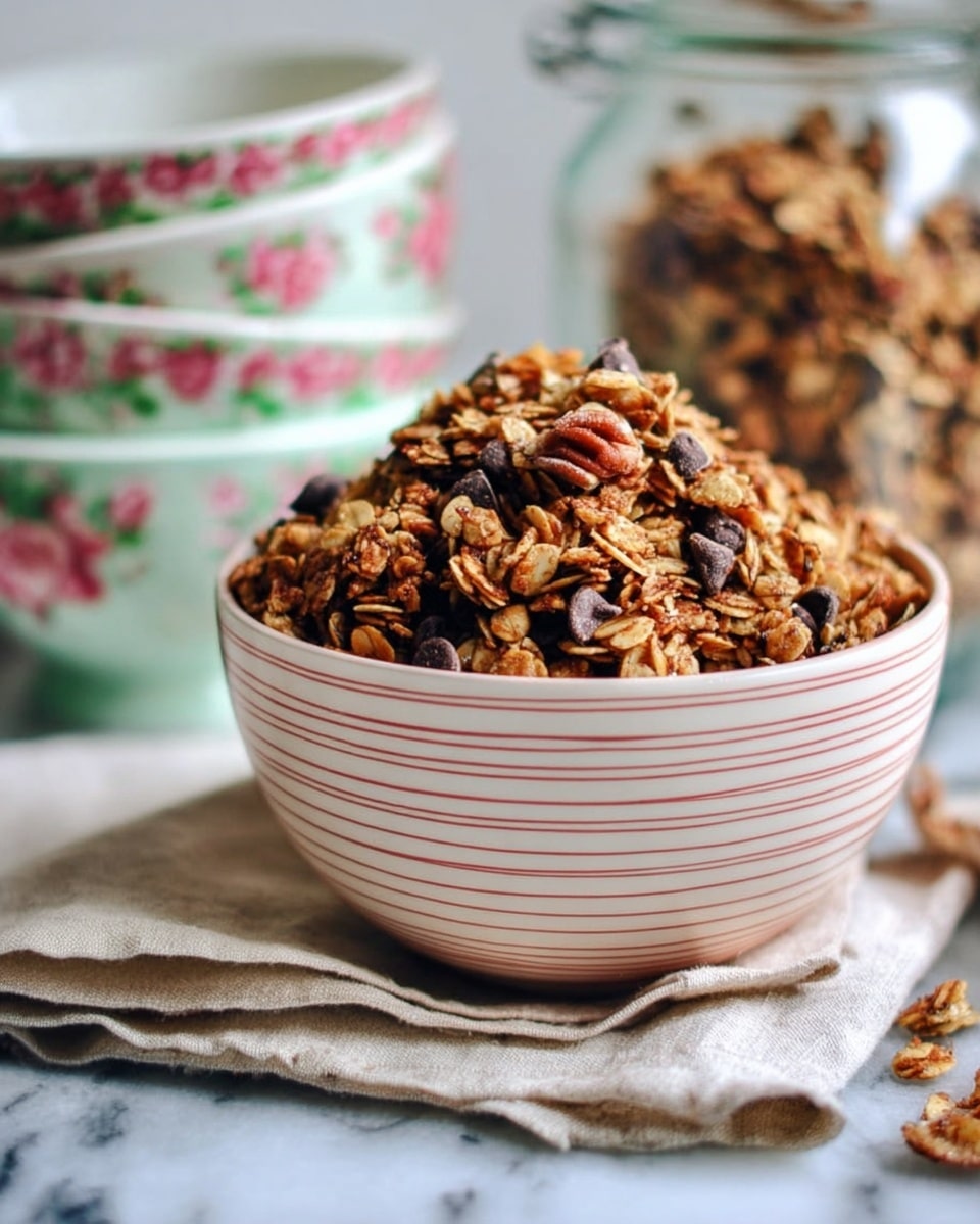 A white bowl with thin red stripes and a light green rim is filled to the top with golden brown granola that has visible rolled oats, nuts, and scattered dark chocolate chips. The texture of the granola looks crunchy and coarse, with mixed small clusters throughout. The bowl sits on a soft beige cloth with a clear glass jar of more granola just behind it on the left, and stacked bowls with red and green floral designs slightly blurred in the background. The surface beneath everything is a white marbled texture. photo taken with an iphone --ar 4:5 --v 7