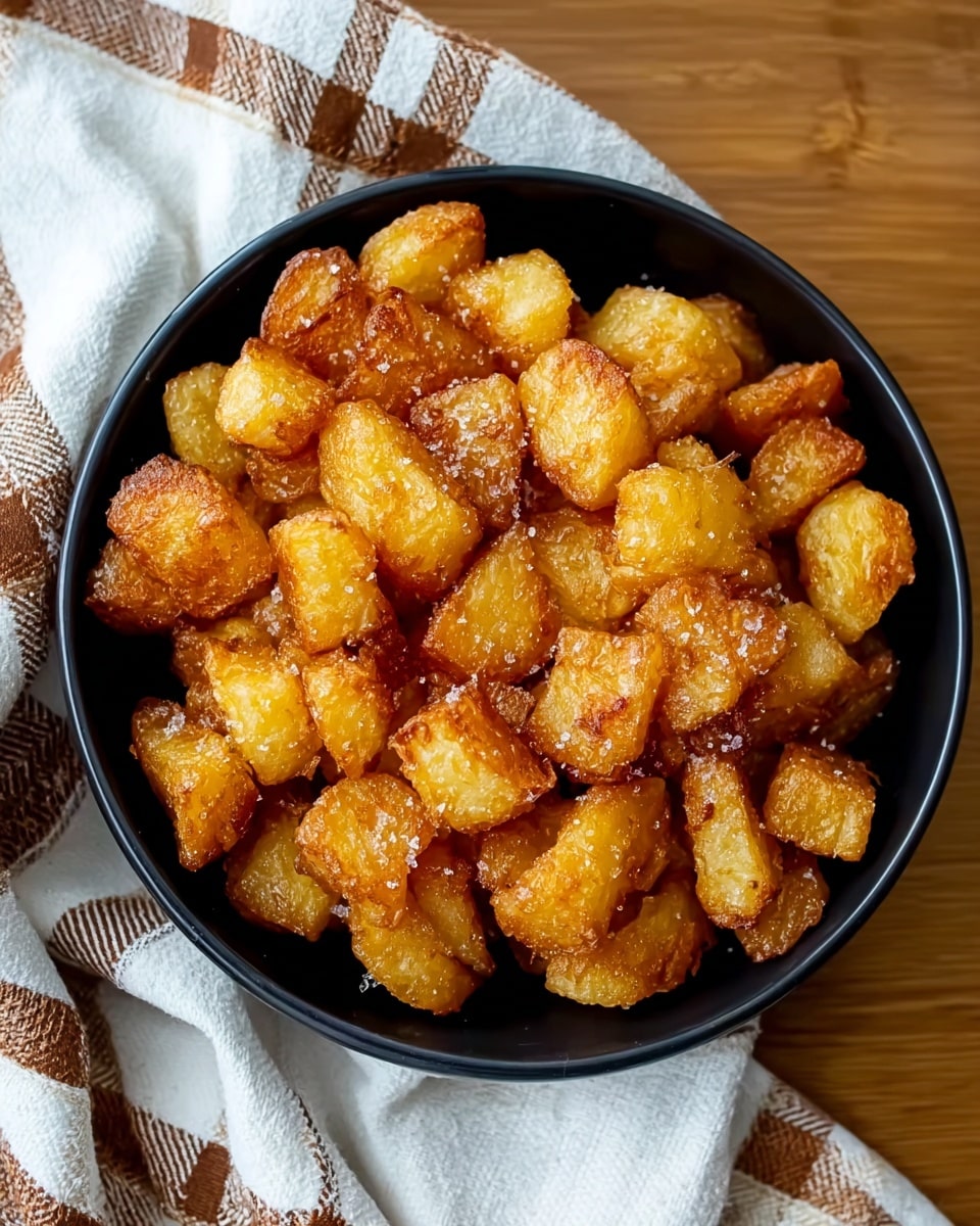 A black bowl filled with many pieces of golden brown roasted potatoes, each piece having a crispy texture with a slightly shiny surface due to oil, and some scattered grains of coarse salt visible on the potato edges, the bowl is placed on a white marbled surface with a white cloth that has brown checkered lines folded and partly visible nearby, photo taken with an iphone --ar 4:5 --v 7