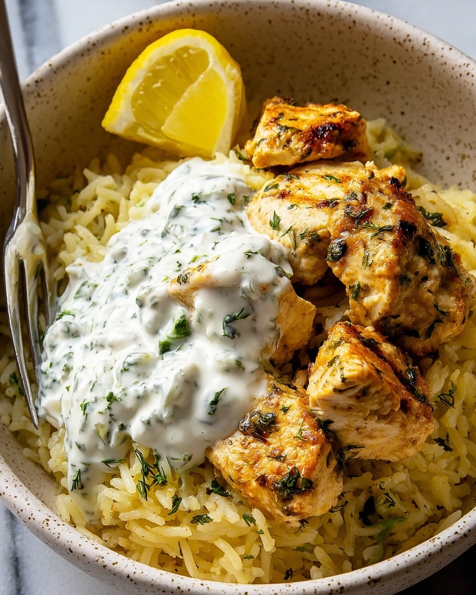 A bowl filled with a base layer of soft yellow rice, with a slightly fluffy texture, topped by several pieces of golden brown cooked chicken chunks with visible herbs and spices on them; on one side, there is a dollop of white creamy sauce with small green herb pieces scattered inside, garnished with fresh green parsley leaves, and a wedge of bright yellow lemon resting on the edge; a silver spoon is partially visible inside the bowl, which is placed on a white marbled surface photo taken with an iphone --ar 4:5 --v 7