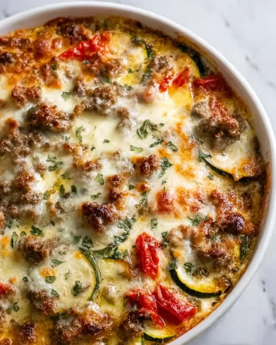 A white bowl filled with a creamy baked dish showing three visible layers: the bottom layer is golden-brown cooked ground meat with a slightly crumbly texture, the middle layer consists of soft, yellowish slices of cooked zucchini mixed with small green herb pieces, and the top layer is a thick, bubbling layer of melted white cheese with light brown spots and some red seasoning scattered over it. The sides of the bowl reveal the layers stacked closely together, and the dish looks hot and fresh. The background is a white marbled texture. Photo taken with an iphone --ar 4:5 --v 7