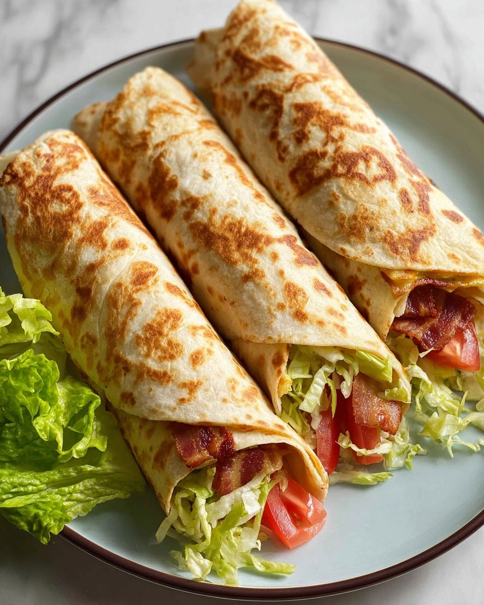 Three toasted tortillas with golden-brown spots are rolled tightly and filled with layers of crispy brown bacon strips, shredded pale-green lettuce, and bright red tomato slices, visible at the open ends. The wraps rest on a white plate with a soft green tint, partially surrounded by fresh, leafy green lettuce on a white marbled surface. photo taken with an iphone --ar 4:5 --v 7