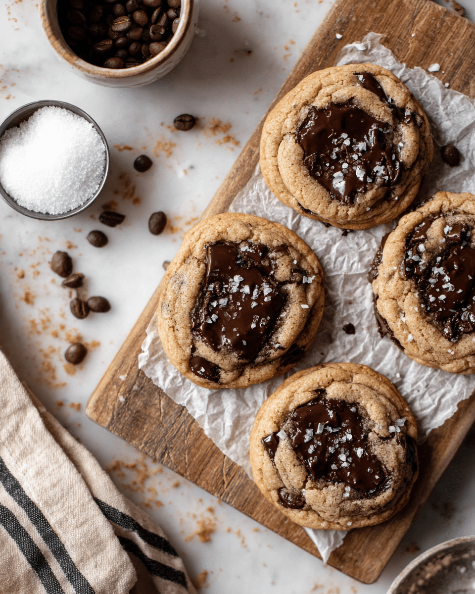 Five round chocolate chip cookies with a golden brown color and slightly crispy edges are arranged on top of white crumpled parchment paper on a wooden board. Each cookie has melted dark chocolate patches visible on the surface with a sprinkle of coarse sea salt adding texture and shine. The cookies have a soft, textured top with some cracks showing gooey chocolate inside. Around the board, there are scattered crumbs and a silver cup filled with dark roasted coffee beans on a white marbled texture surface. In the background, a light beige striped cloth is slightly folded with a small white bowl filled with coarse salt. Photo taken with an iphone --ar 4:5 --v 7