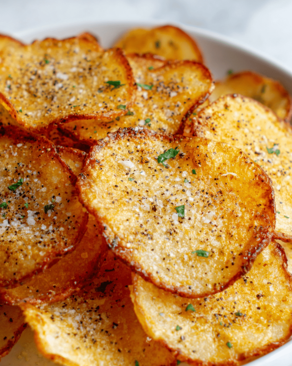 The image shows a close-up of several golden brown fried potato slices arranged closely on a white marbled surface. Each potato slice has a crispy, slightly curled edge with a bubbly, crunchy texture, and a soft, lighter yellow center. The slices are sprinkled with black pepper and small green herb flakes, adding contrast to the warm tones of the potatoes. The overall look is crispy, fresh, and appetizing, with no visible plate, just resting on the white marbled background. photo taken with an iphone --ar 4:5 --v 7