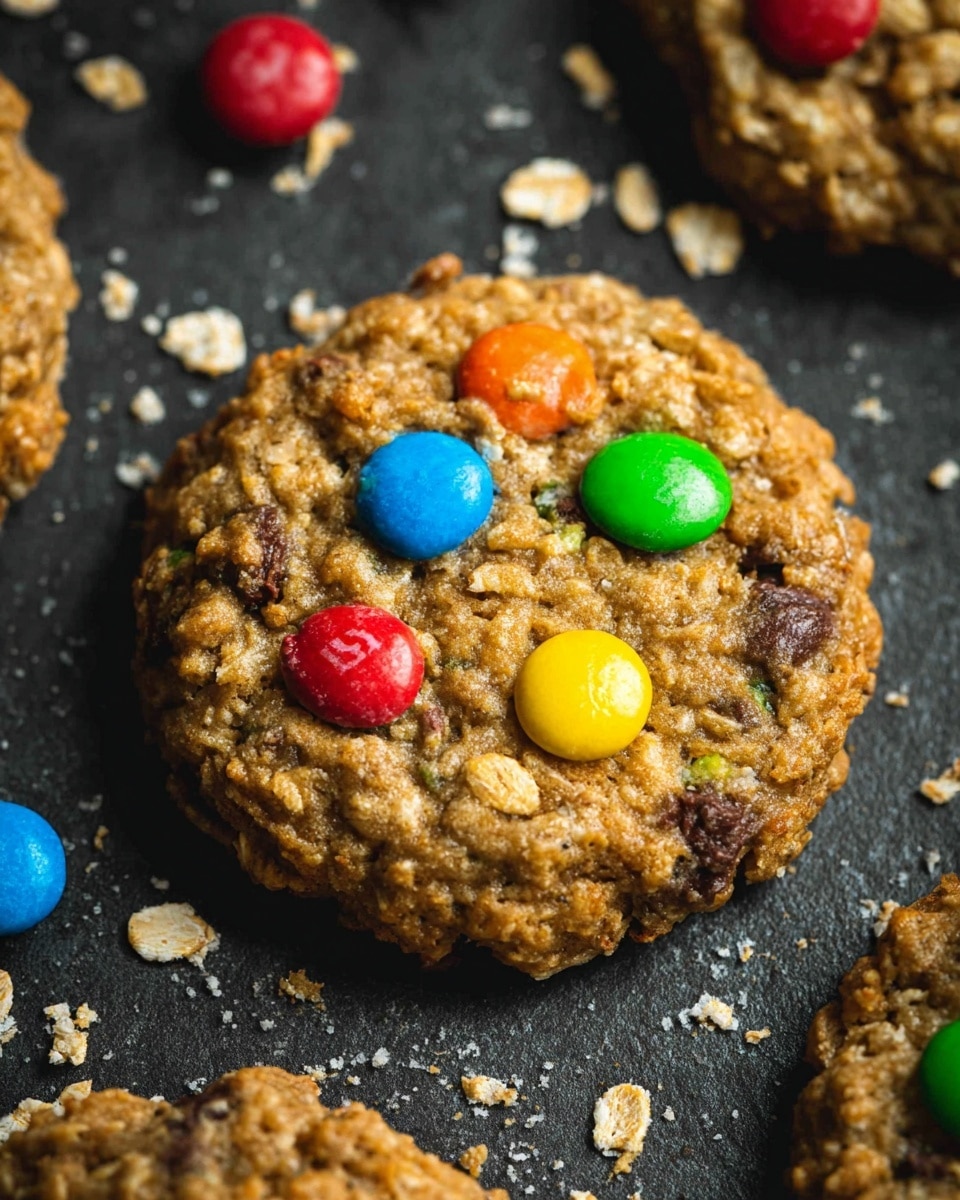 The image shows a close-up of a round oatmeal cookie with a rough, textured surface made of oats and brown baked dough. It is topped with colorful candy-coated chocolate pieces in red, yellow, green, blue, and orange scattered across the top layer. The cookie has visible bits of oats and some dark spots that look like chocolate chips or raisins mixed inside. It sits on a dark surface with some loose oat flakes around it. The edges of the cookie are slightly uneven and chunky, showing its homemade texture. photo taken with an iphone --ar 4:5 --v 7