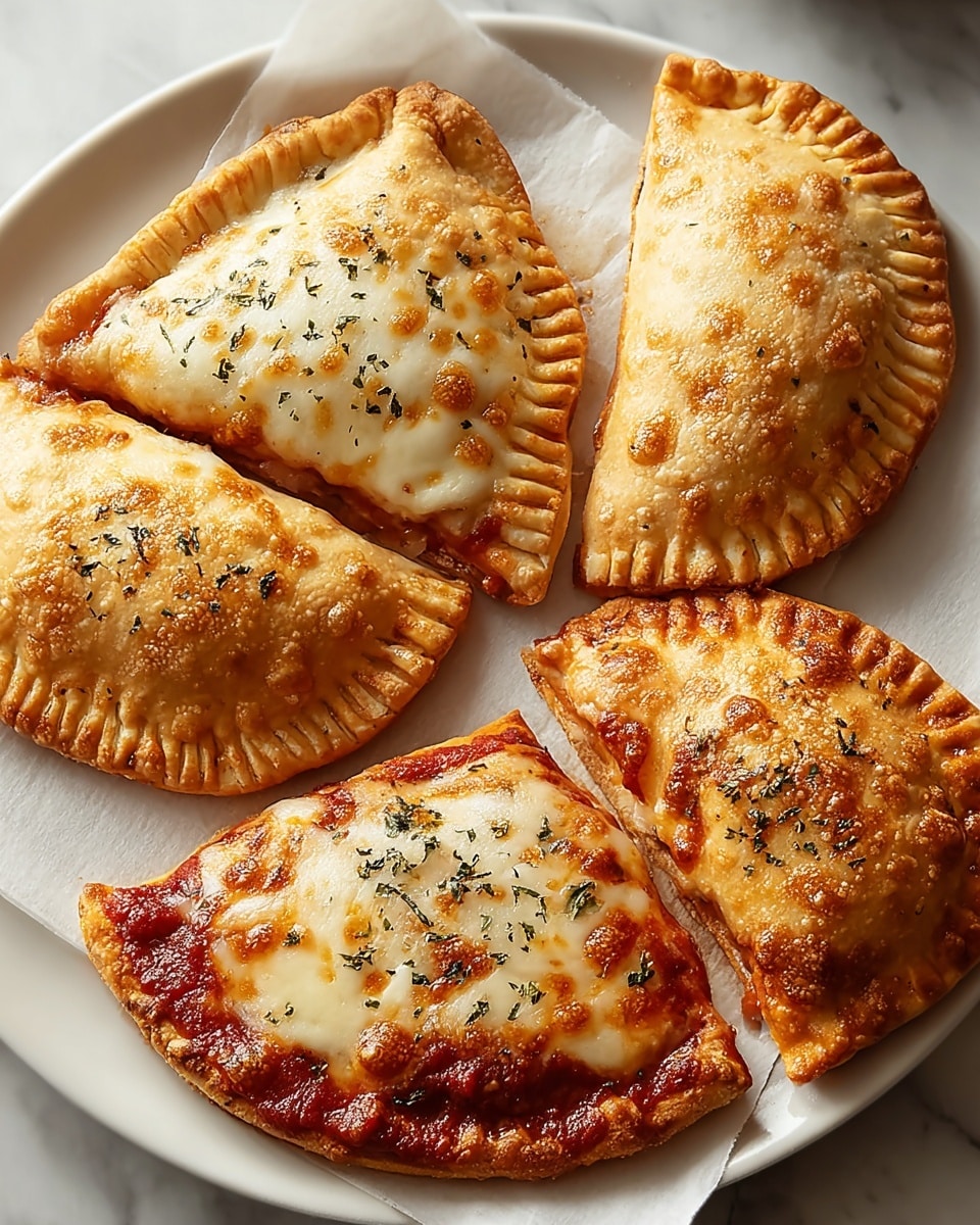 Four golden brown calzones sit on a round white plate lined with parchment paper, placed on a white marbled surface. Each calzone is half-moon shaped with a crimped edge, showing two different tops: two have a smooth, lightly browned dough sprinkled with herbs, while the other two have melted, bubbly cheese browned unevenly on top, with some tomato sauce peeking out at the edges. Small dark herb flakes are scattered over all calzones, adding texture contrast against the golden crust. The calzones have a homemade, rustic look with slight variations in shape and color. photo taken with an iphone --ar 4:5 --v 7