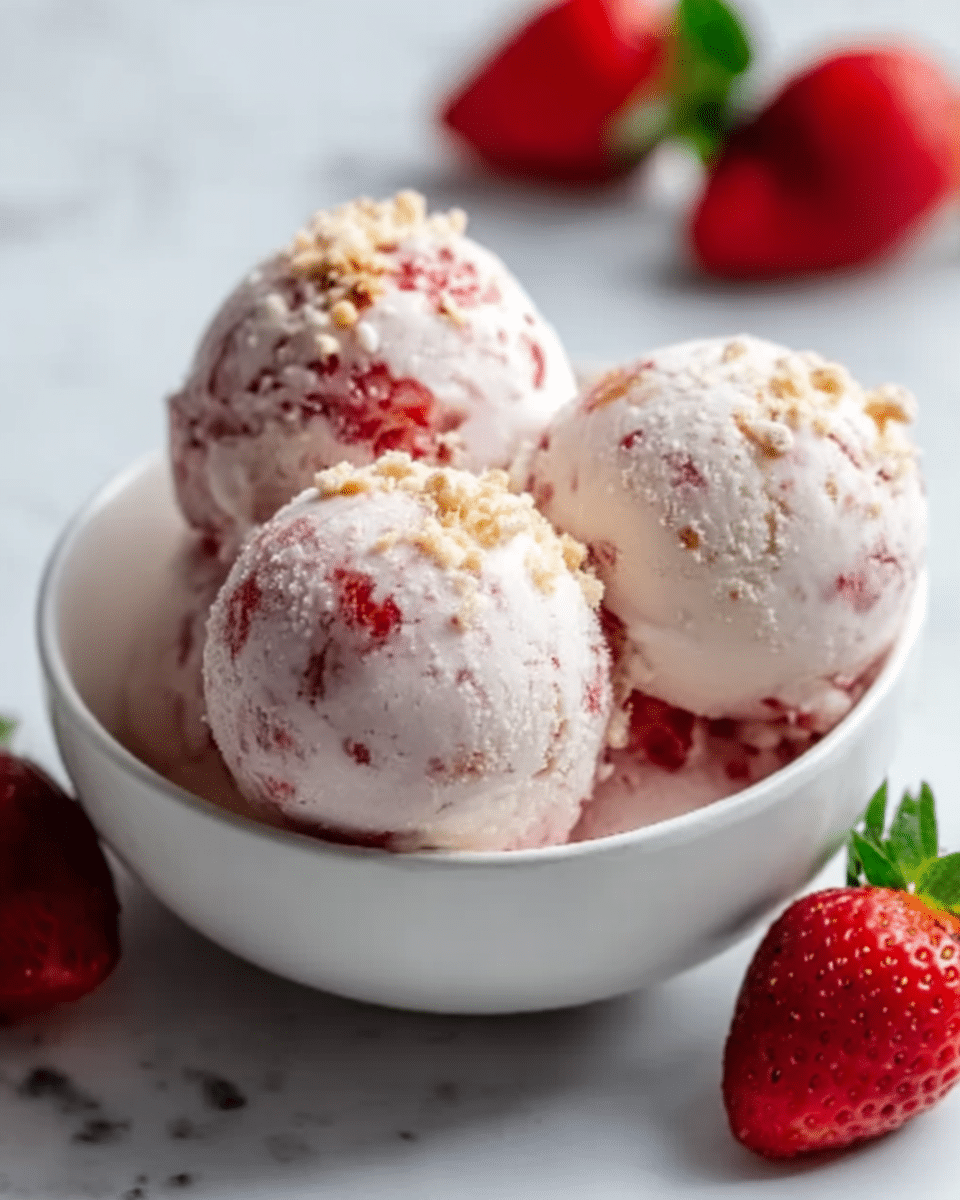 The image shows a close-up of a white shallow bowl holding three small round ice cream scoops with bits of strawberry inside, giving them a pink and white marbled look. Around the scoops are fresh red strawberries with a smooth, shiny texture. The bowl sits on a white marbled surface, softly lit with a blurred background. photo taken with an iphone --ar 4:5 --v 7