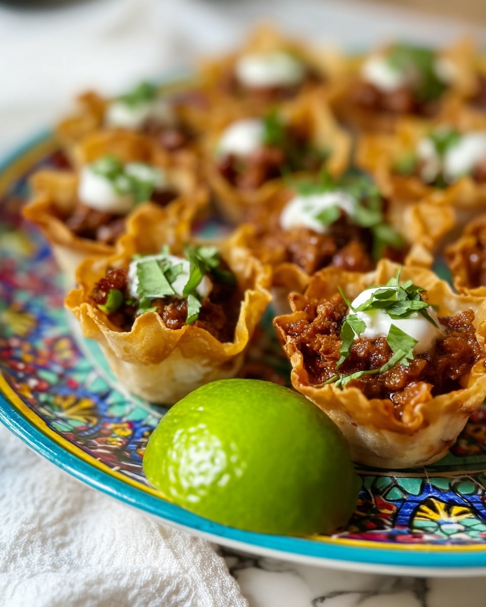 The image shows a wooden tray filled with several spring rolls wrapped in translucent rice paper, revealing a mix of green herbs and brown cooked meat inside. The rolls are neatly lined up, each one topped with small pieces of red chili and chopped green herbs. On the top right corner of the tray, there is a small white bowl filled with a dark brown dipping sauce, garnished with bits of red and green chili. A wedge of lemon is placed near the dipping sauce, adding a touch of bright yellow to the scene. The background is a white marbled texture. photo taken with an iphone --ar 4:5 --v 7