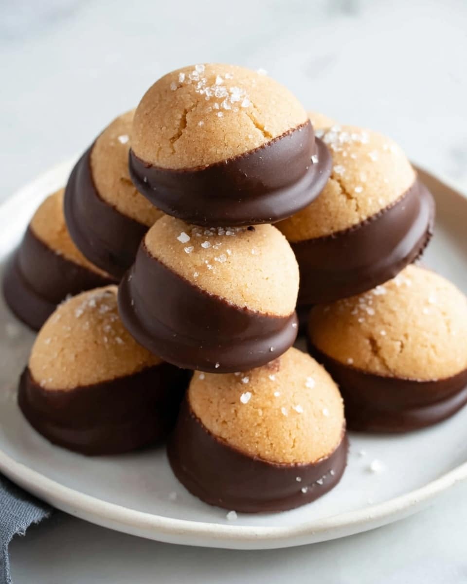 A small pile of round cookies is stacked on a white plate sitting on a white marbled surface. Each cookie has two layers: the bottom half is coated in smooth, dark chocolate with a glossy finish, while the top half shows a light brown, crumbly cookie texture with tiny salt flakes sprinkled on it. The cookies are arranged casually, with some leaning against each other. The lighting highlights the shine of the chocolate and the rough texture of the cookie tops, making the treats look fresh and crunchy. photo taken with an iphone --ar 4:5 --v 7