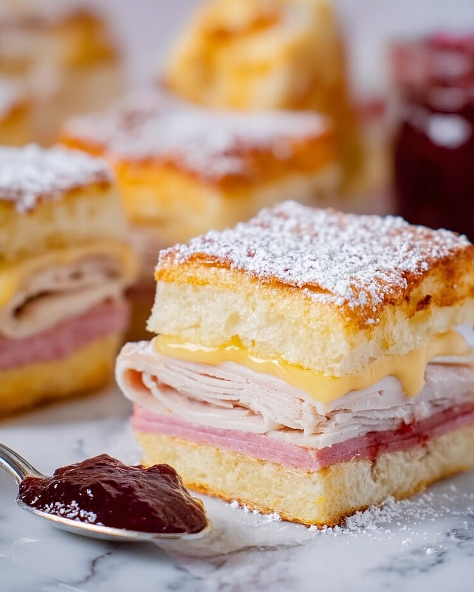 A close-up view of a square sandwich showing four clear layers: the bottom layer is a golden-yellow soft bread with a slightly crispy edge, above it is a thick pale beige layer of cooked turkey, followed by a thin, light pink layer of ham, and topped with a melted creamy yellow cheese layer that appears smooth and slightly browned. The sandwich top has a dusting of white powdered sugar, giving it a soft, powdery look. Next to the sandwich, there is a shiny silver spoon filled with thick, glossy dark red jam, resting on a white marbled surface. Photo taken with an iphone --ar 4:5 --v 7