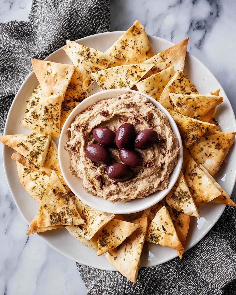 A white plate sits on a white marbled surface, filled with many golden, seasoned pita chips arranged in a circular pattern along the edge. In the center of the plate is a small white bowl packed with a creamy, beige olive tapenade topped with halved dark purple olives. The texture of the pita chips is crisp with some browned spots, and the tapenade looks smooth with small bits visible. A gray textured cloth is draped around part of the plate. Photo taken with an iphone --ar 4:5 --v 7
