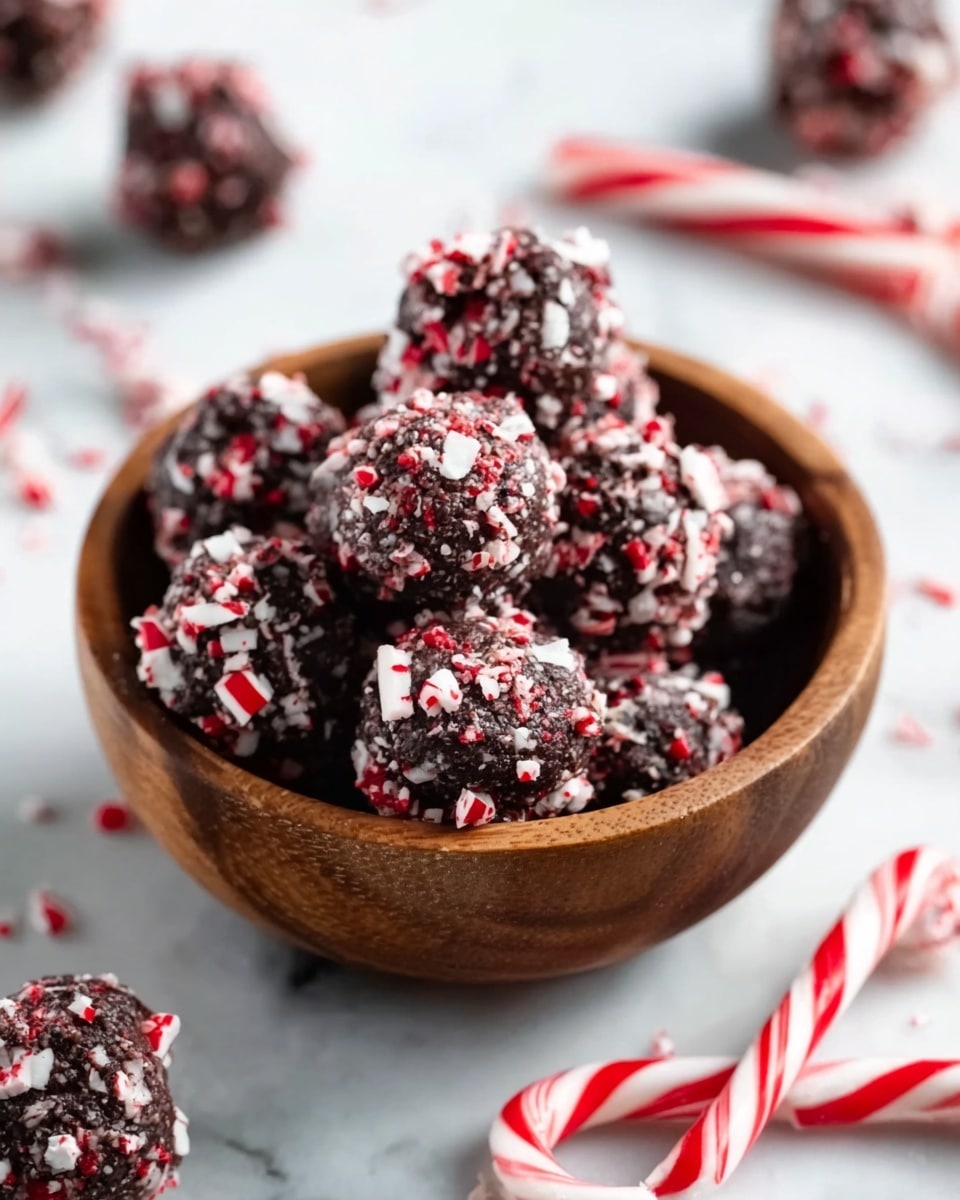 A wooden bowl on a white marbled surface filled with about eight round chocolate truffles. Each truffle is coated with crushed red and white candy canes, giving a rough texture and a mix of dark brown, red, and white colors. Around the bowl, there are whole and broken candy canes scattered, adding pops of red and white stripes. The scene is bright and clean, showing the contrast between the dark chocolate and the white marbled background. photo taken with an iphone --ar 4:5 --v 7