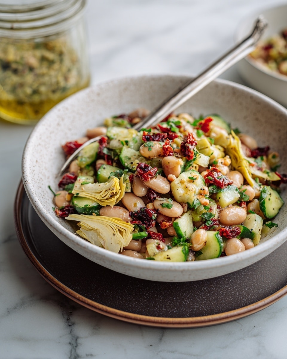 A speckled white bowl is filled with a colorful bean salad featuring three main layers: a base of light beige chickpeas and white beans, mixed throughout with bright red kidney beans, and topped with slices of fresh green cucumber and pale yellow artichoke hearts. There are scattered bits of chopped deep red sun-dried tomatoes and finely chopped green herbs above the mix, adding texture and color. The bowl sits on a soft gray plate over a white marbled textured surface, with a silver spoon resting inside the bowl. In the background, a glass jar with yellow dressing wrapped in a beige-striped cloth is partially visible. photo taken with an iphone --ar 4:5 --v 7