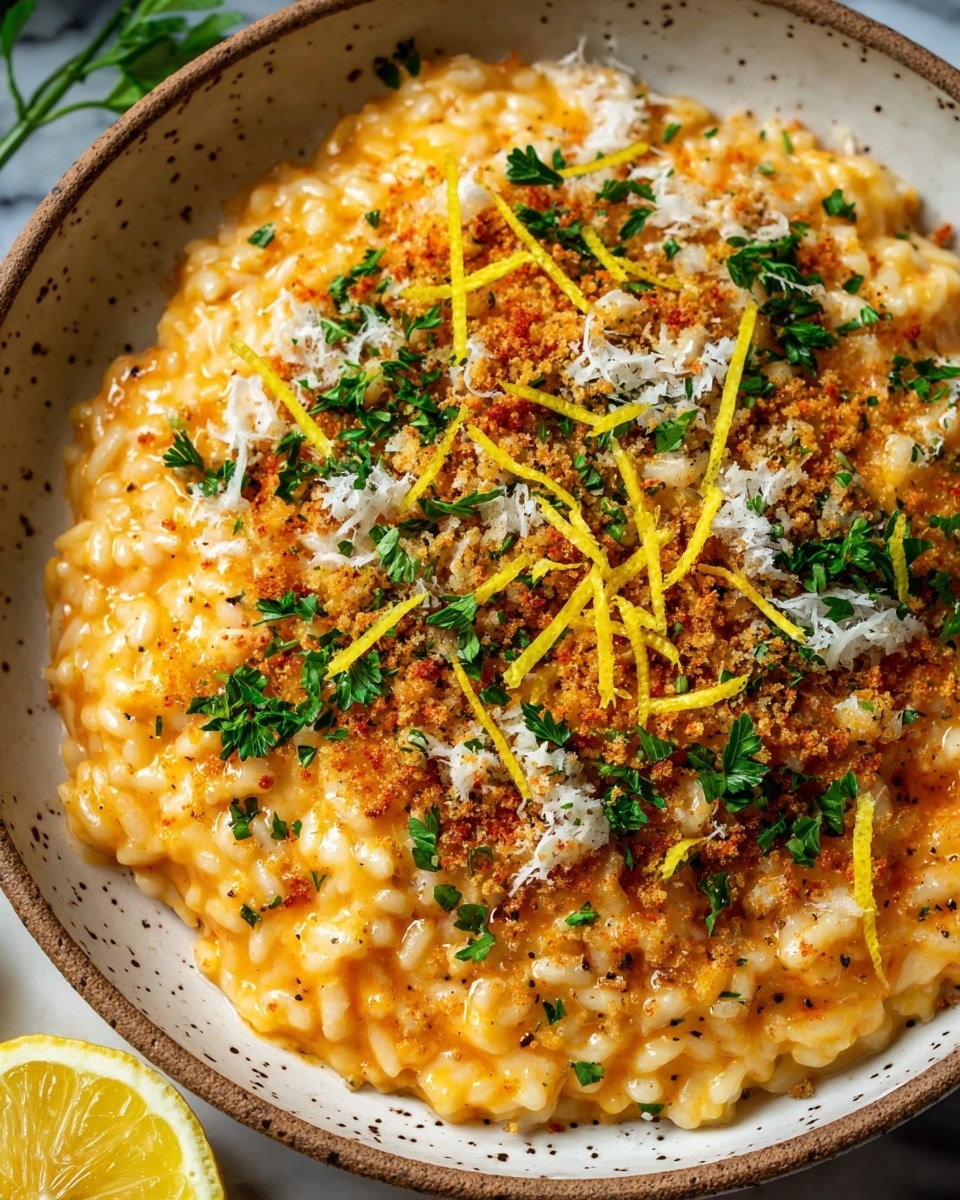 A close-up view of creamy orange risotto in a white speckled bowl, showing thick, soft rice grains coated in a rich sauce, layered with a sprinkling of coarse black pepper on top. Above the risotto is a generous layer of golden brown toasted breadcrumbs mixed with finely grated white cheese and small lemon zest strips, adding texture and a fresh yellow color. Fresh green parsley leaves are scattered over the top, giving a burst of green color that contrasts with the warm orange base. The bowl is placed on a white marbled surface, with a lemon wedge partially visible at the edge of the frame. photo taken with an iphone --ar 4:5 --v 7