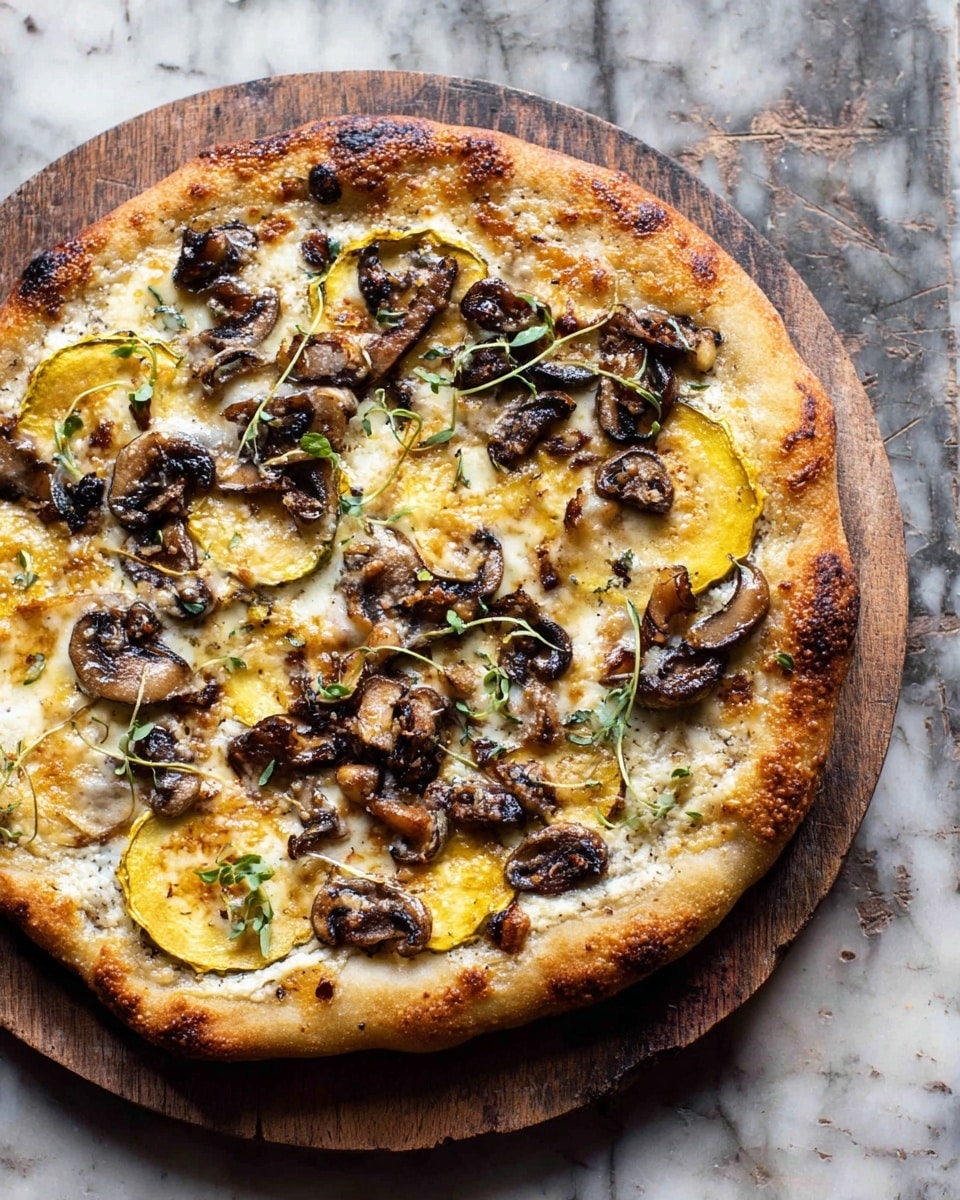 A round pizza with a golden-brown thick crust sits on a wooden board placed on a white marbled texture. The base layer has slices of yellow squash spread evenly over a creamy white sauce. On top, melted cheese covers most of the surface with some bubbly browned spots. The pizza is generously topped with dark brown sautéed mushrooms scattered unevenly. Small fresh green herb sprigs are sprinkled across the pizza, adding a touch of color and texture. Photo taken with an iphone --ar 4:5 --v 7