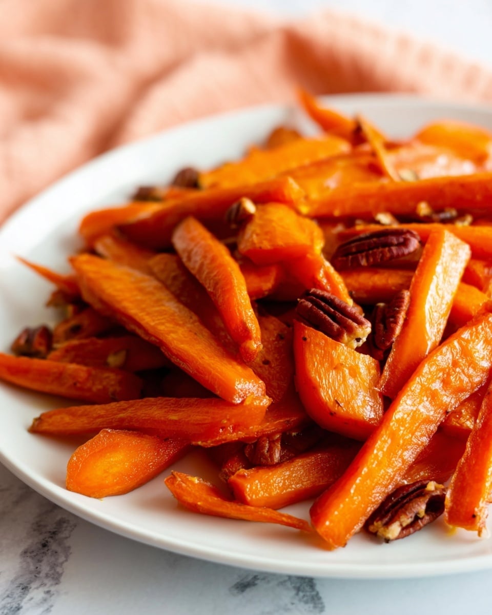 The image shows a close-up of roasted carrot sticks served on a white plate. The carrots are cut into long, thick pieces, with a bright orange color and a slightly glossy texture, indicating they are well-roasted. Scattered among the carrots are small pieces of pecans, adding a dark brown contrast to the vibrant orange. The plate rests on a white marbled surface, and in the blurred background, there is a soft beige cloth. The focus is on the carrots in the front, showing detail in their texture and the roasted shine. photo taken with an iphone --ar 4:5 --v 7