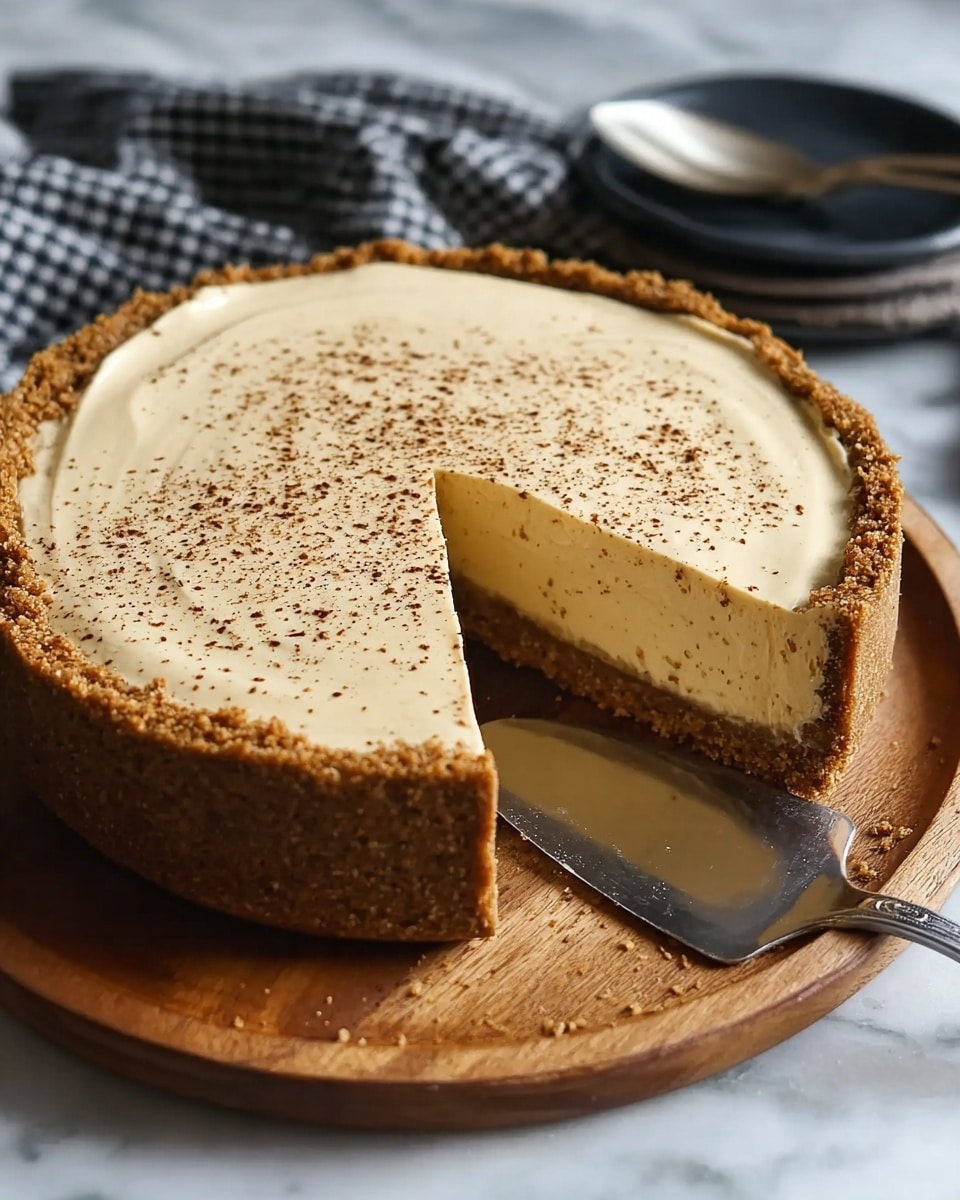 The image shows a creamy pie with two visible layers on a white marbled surface; the bottom layer is a thick, dark brown crumbly crust, and the top layer is a smooth, pale beige filling sprinkled with fine dark brown specks evenly spread on top. One slice has been cut out, revealing the thick creamy filling and crumbly base inside, with some crumbs scattered near the slice. A metal pie server lies next to the pie, partly under the empty space where the slice was removed, and a black and white checkered cloth is softly draped in the background. Photo taken with an iphone --ar 4:5 --v 7