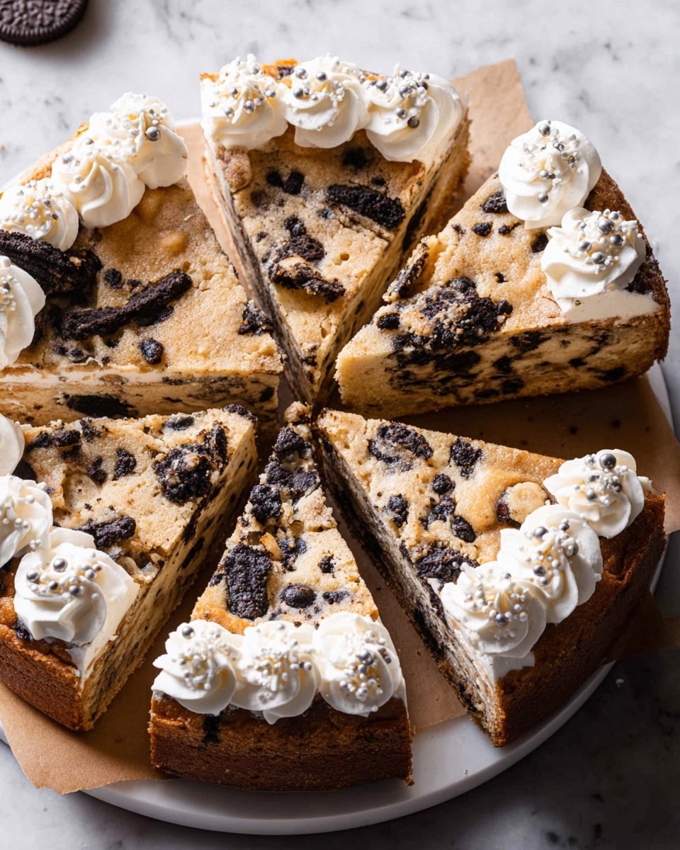 A round cake sliced into several triangular pieces, showing a dense light brown base mixed with large chunks and crumbs of dark chocolate cookies evenly spread inside. The top layer is golden brown with visible scattered cookie pieces baked into the surface. The cake edges are decorated with small swirls of white cream topped with tiny white sugar pearls. The cake is placed on brown parchment paper revealing some crumbs and cream smudges around, all set on a white marbled surface. Photo taken with an iphone --ar 4:5 --v 7