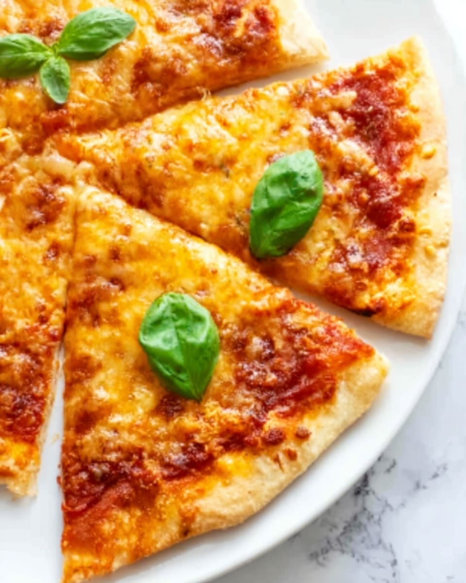 The image shows a close-up of a pizza with a golden brown crust, topped with melted cheese that looks stretchy and slightly bubbly. There are small areas of tomato sauce peeking through the cheese, giving bright red spots over the pizza. Fresh green basil leaves are placed on top of the cheese, adding a splash of color. The pizza is cut into slices and laid on a white plate, set on a white marbled surface. The lighting highlights the shiny texture of the melted cheese and the crispy edges of the crust. Photo taken with an iphone --ar 4:5 --v 7