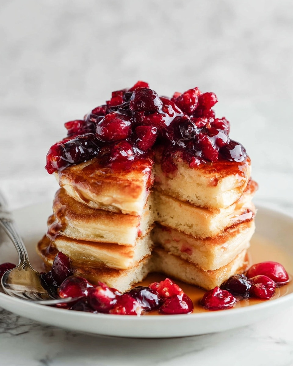 A tall stack of six golden brown pancakes with a soft, fluffy texture is placed on a white plate. The pancakes have a shiny glaze of syrup dripping down their sides. On top, there is a generous layer of mixed berries in a glossy red and deep purple sauce that appears thick and slightly chunky. More berries and sauce surround the base of the stack on the plate. A piece is cut out from the right side, showing the even layers and soft inside of the pancakes. The background is a white marbled surface with a blurred white pitcher and light soft elements. Photo taken with an iphone --ar 4:5 --v 7
